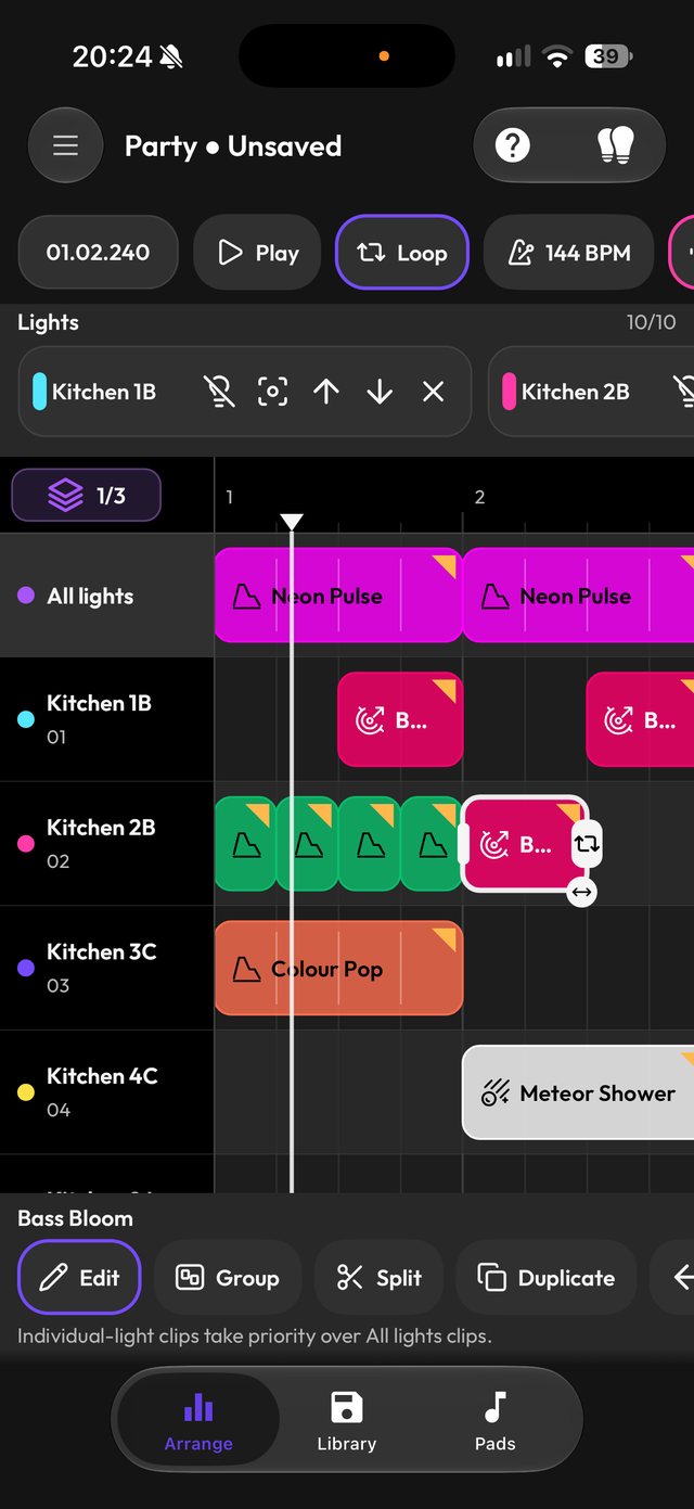 Sequencer timeline with per-light tracks