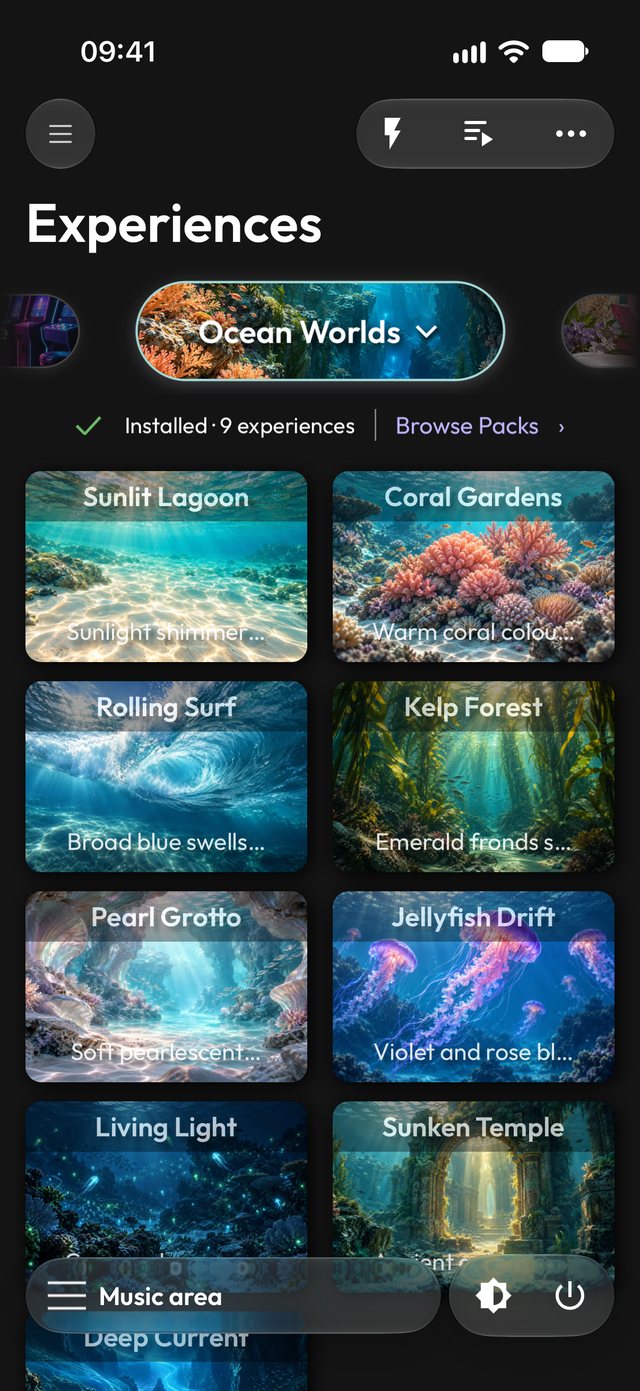 Ocean Worlds pack in the app (dark mode)