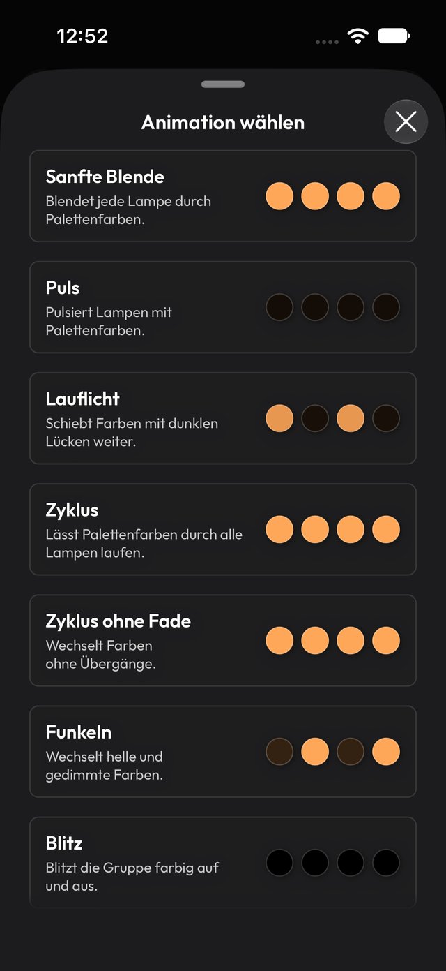 Menü zur Auswahl einer Animation