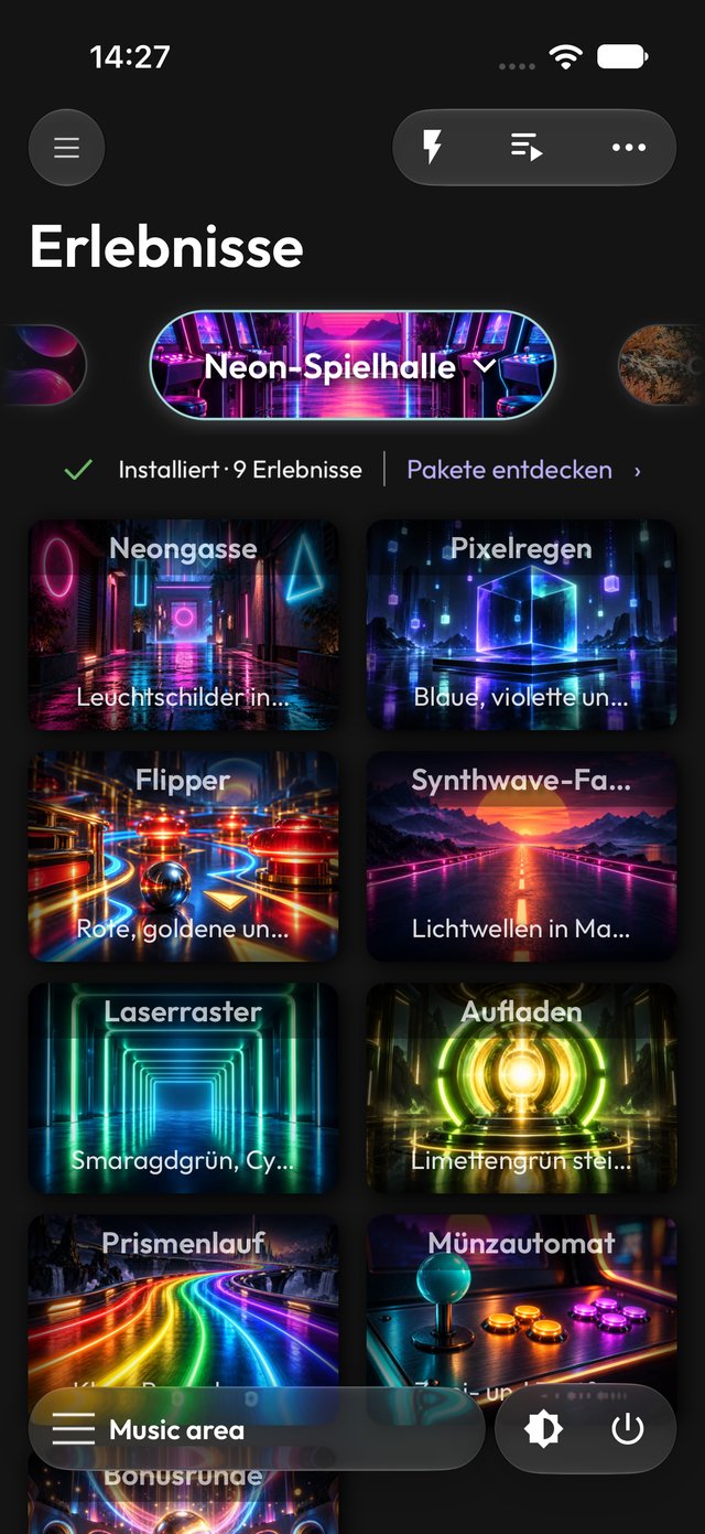 Paket Neon-Spielhalle in der App im dunklen Modus
