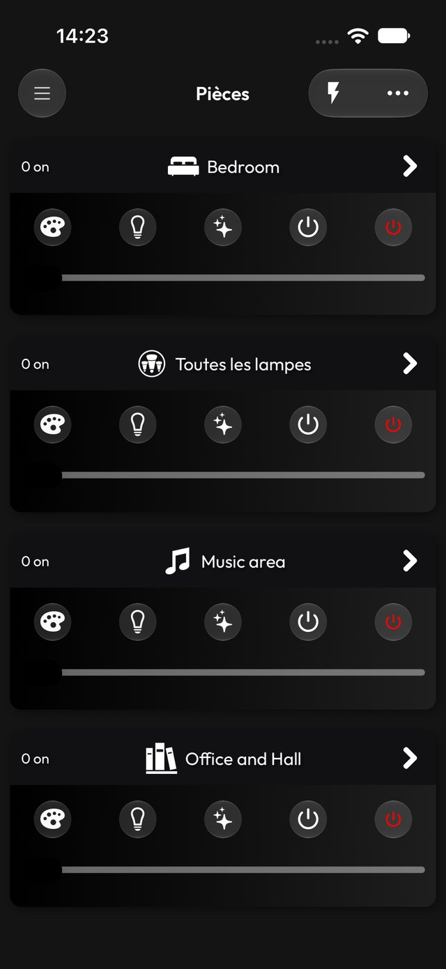 Commandes des pièces en mode sombre
