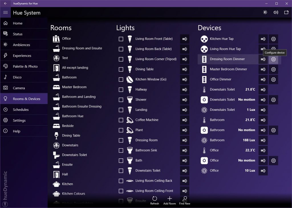 Hue Light, Room and Device Configuration Page