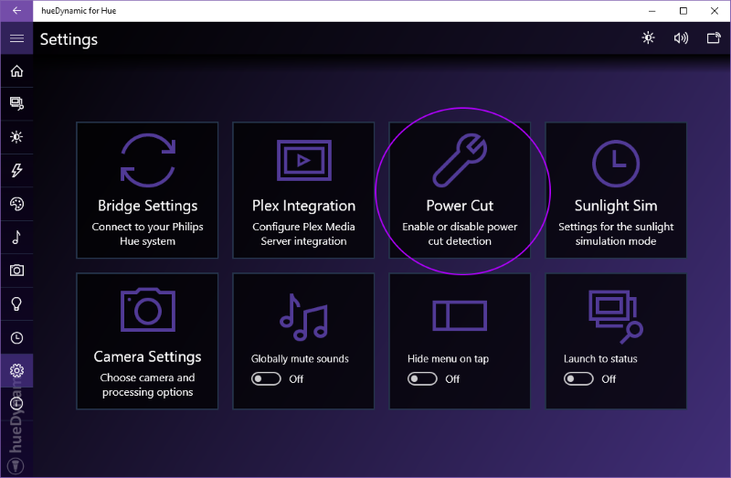 Access hueDynamic's power cut detection feature from the Settings page