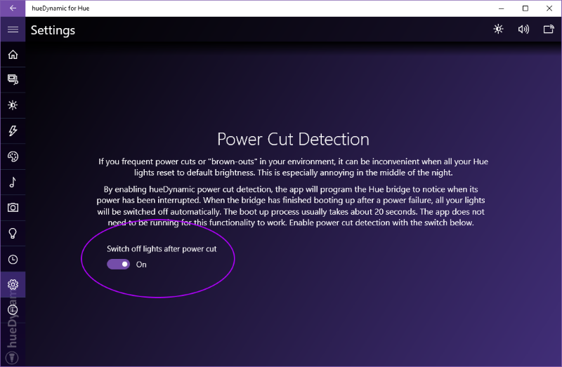 Enable the switch to turn the power cut detection on. Your Philips Hue lights will then switch themselves off after a power cut to the bridge.